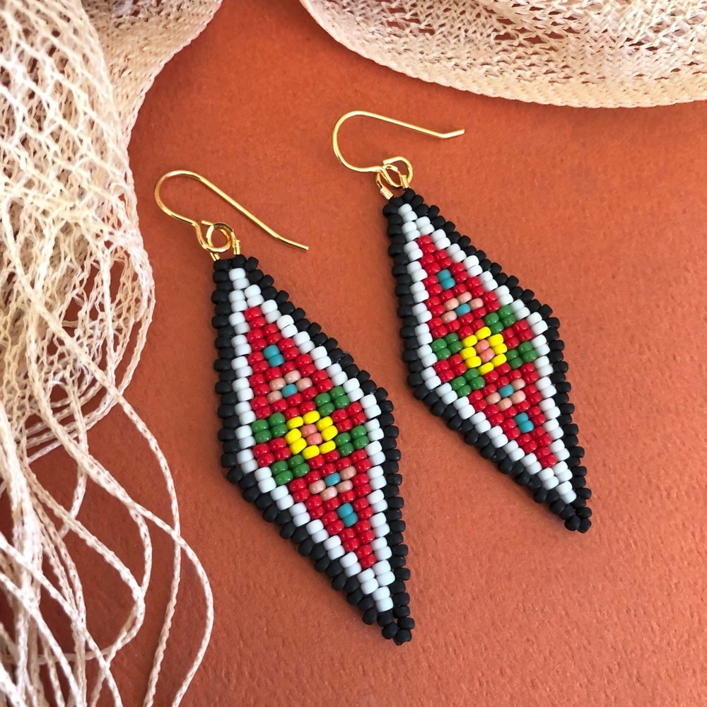 Handwoven Beaded Earrings Black Red and White Floral